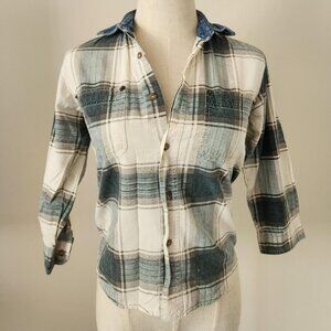 Vintage 90s Route 66 Blue & White Plaid Button Up Denim Collar Shirt. KIDS 8.